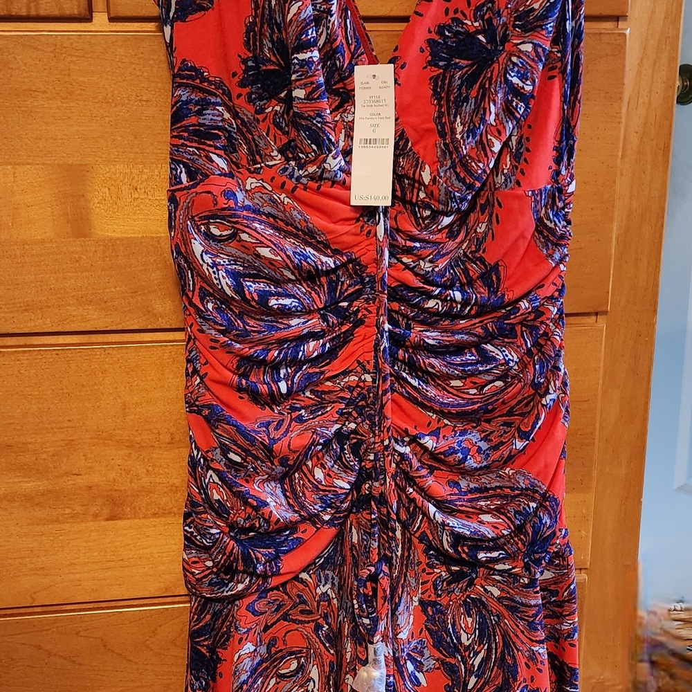 Mia Paisley Ruched Dress in Fiery Red – Size 6 (NWT, $140 Retail) WHBM